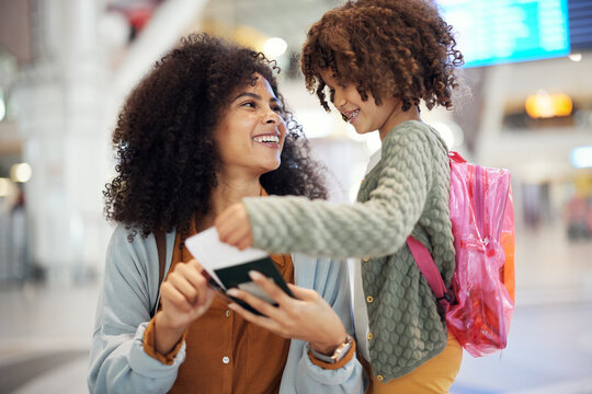 Travel, passport and woman with her kid in the airport checking their boarding pass together. Trip, technology and mother browsing on a cellphone with girl child while waiting for flight in terminal.