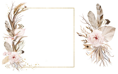  Golden frame and bouquets with Watercolor deer antlers, tropical leaves and flowers illustration