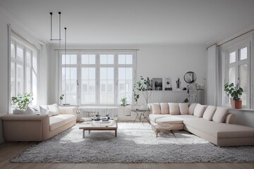 Fototapeta premium Stylish scandinavian living room with design mint sofa, furnitures, mock up poster map, plants and elegant personal accessories. Modern home decor. Bright and sunny room. Generative AI illustration.