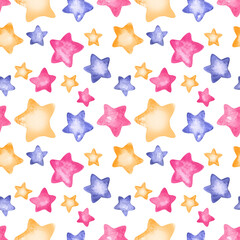 Hand drawn watercolor different colored and shaped stars as seamless pattern on white background. Aquarelle backdrop for web design, fabric, cards..