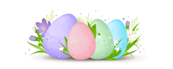 Easter, banner and greeting card for the holiday of holy easter, painted eggs in the grass with flowersisolated