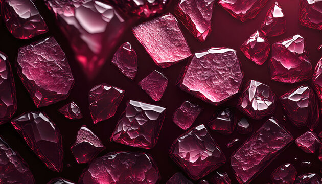 Abstract red ruby crystal gems background, flying red glass stones, generative ai