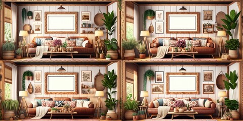 Stylish scandinavian living room with design mint sofa, furnitures, mock up poster map, plants and elegant personal accessories. Modern home decor. Bright and sunny room. Generative AI illustration.