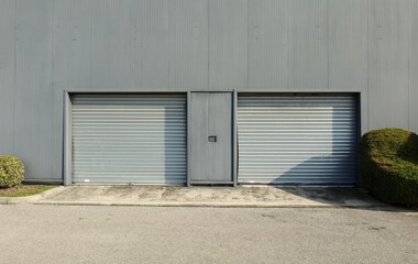 Fototapeta na wymiar Two metallic roller shutter garage doors on a modern gray facade. Cement sidewalk and asphalt road in front. Background for copy space.