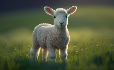 Cute Easter Lamb on green meadow grass in soft morning light. Shallow depth of field, Generative AI.