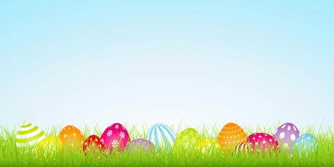 Banner 14 Bunte Ostereier Muster Regenbogenfarben In Wiese Himmel