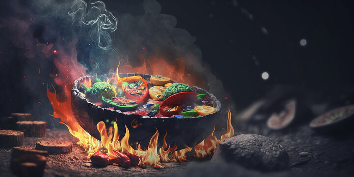 Roasted grill vegetables on a black background. Generative AI