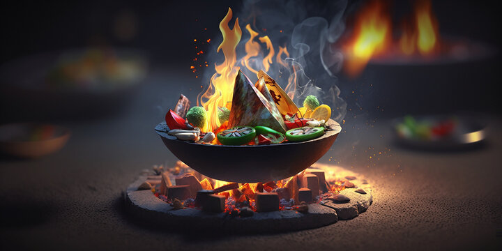Roasted grill vegetables on a black background. Generative AI