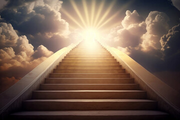 Ascending stairs to the sun and clouds. Road to God, bright Heavenly light. Religion background, Generative AI