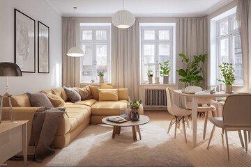 Fototapeta premium Stylish scandinavian living room with design mint sofa, furnitures, mock up poster map, plants and elegant personal accessories. Modern home decor. Bright and sunny room. Generative AI illustration.