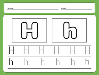 Letter Writing Guide. Tracing letters. Uppercase and lowercase letter H h. Engish alphabet