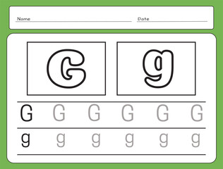 Letter Writing Guide. Tracing letters. Uppercase and lowercase letter G g. Engish alphabet