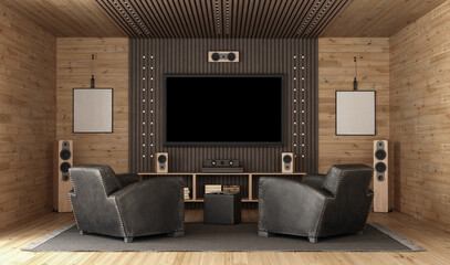 Home cinema in rustic style room with two leather armchairs and flat tv