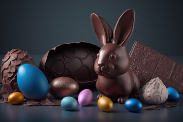 Fototapeta na wymiar Cute little chocolate rabbit with Easter eggs, Generative AI