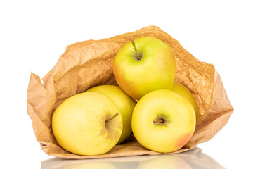 Several ripe juicy apples in a paper bag, macro, isolated on white background.