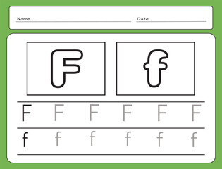 Letter Writing Guide. Tracing letters. Uppercase and lowercase letter F f . Engish alphabet 
