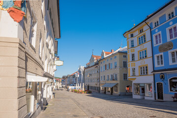 Plakat historic old town Bad Tolz, pedestrian zone with beautiful houses and shops