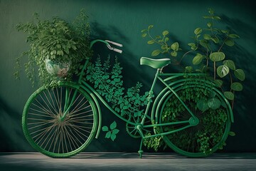 Green bicycle with plants on the wall. Generative AI illustration. Vintage style.