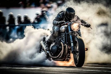 Motorcycle rider on a motorcycle on a race track in smoke. Generative AI - obrazy, fototapety, plakaty