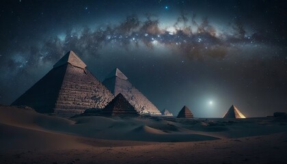 Night view of the pyramids of Giza and the Milky Way. Generative AI - obrazy, fototapety, plakaty