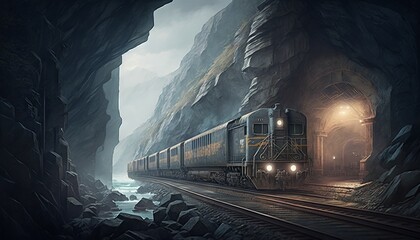 Train in the tunnel. Railway in the fog. Generative AI