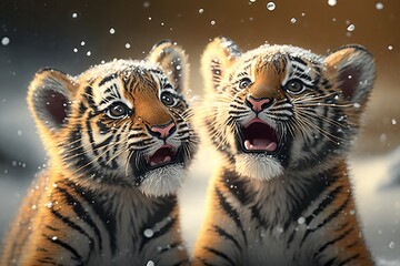 Two tiger cubs in the snow. Generative AI