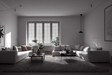 Fototapeta premium Stylish scandinavian living room with design mint sofa, furnitures, mock up poster map, plants and elegant personal accessories. Modern home decor. Bright and sunny room. Generative AI illustration.