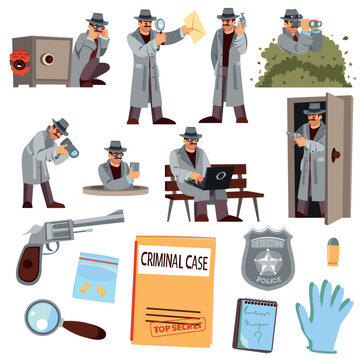 Detective and spy agent. Investigator character. Secret crime look. Photograph search and evidence find. People with gun or binoculars. Police inspector. Vector espionage illustration set