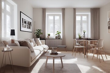 Fototapeta premium Stylish scandinavian living room with design mint sofa, furnitures, mock up poster map, plants and elegant personal accessories. Modern home decor. Bright and sunny room. Generative AI illustration.