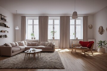 Fototapeta premium Stylish scandinavian living room with design mint sofa, furnitures, mock up poster map, plants and elegant personal accessories. Modern home decor. Bright and sunny room. Generative AI illustration.