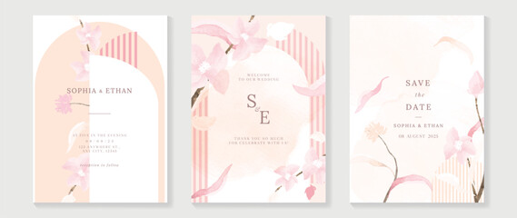Luxury wedding invitation card background vector. Elegant watercolor botanical pastel pink beige theme wildflowers and striped texture. Design illustration for wedding and vip cover template, banner.