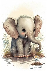 Lovely baby elephant watercolor poster, generative ai