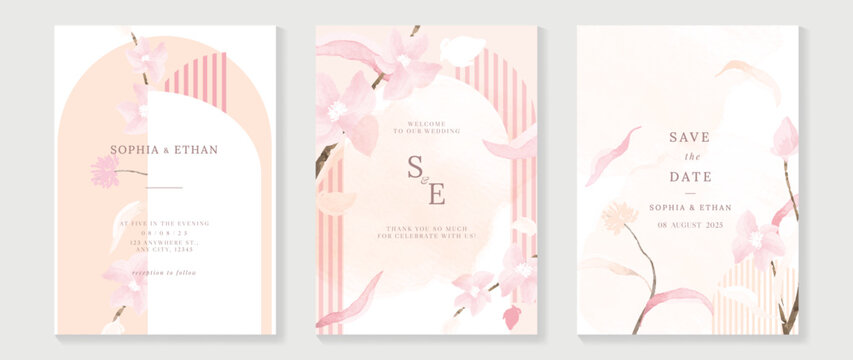 Luxury wedding invitation card background vector. Elegant watercolor botanical pastel pink beige theme wildflowers and striped texture. Design illustration for wedding and vip cover template, banner.