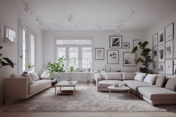 Fototapeta premium Stylish scandinavian living room with design mint sofa, furnitures, mock up poster map, plants and elegant personal accessories. Modern home decor. Bright and sunny room. Generative AI illustration.