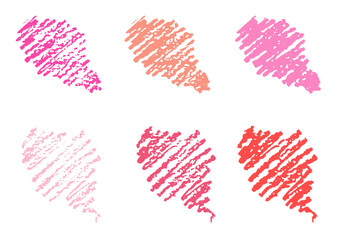 Lipstick or chalk stroke texture isolated on white background. Diagonal smeared lipstick color strokes collection for banner, speech box, card, frame, overlay or other using. Vector illustration. Set.