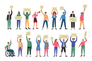 Signing, protest group, social communication and activities. Citizen political awareness, child and kids for justice. Vector garish diversity activists, cartoon flat isolated illustration