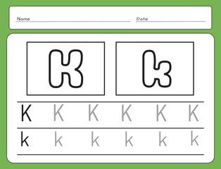 Letter Writing Guide. Tracing letters. Uppercase and lowercase letter K k. Engish alphabet