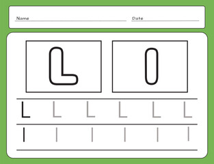 Letter Writing Guide. Tracing letters. Uppercase and lowercase letter L l. Engish alphabet