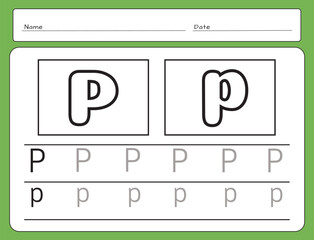 Letter Writing Guide. Tracing letters. Uppercase and lowercase letter P p. Engish alphabet