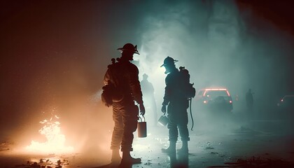 Fototapeta na wymiar firefighters spraying high pressure water to fire, Generative AI