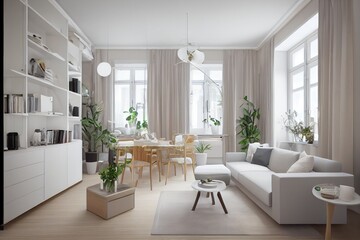 Stylish scandinavian living room with design mint sofa, furnitures, mock up poster map, plants and elegant personal accessories. Modern home decor. Bright and sunny room. Generative AI illustration.