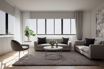 Fototapeta premium Stylish scandinavian living room with design mint sofa, furnitures, mock up poster map, plants and elegant personal accessories. Modern home decor. Bright and sunny room. Generative AI illustration.
