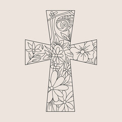 Hand Drawn Illustration of Cross with Flowers and Leaves