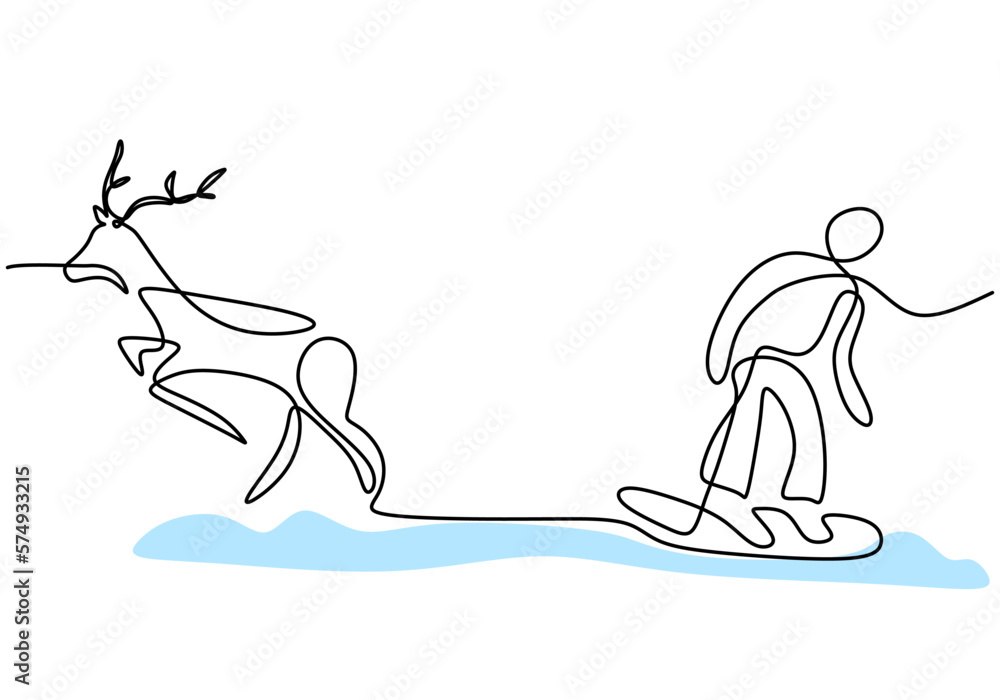 Poster hand drawing one single continuous line of deer play with man isolated on white background.