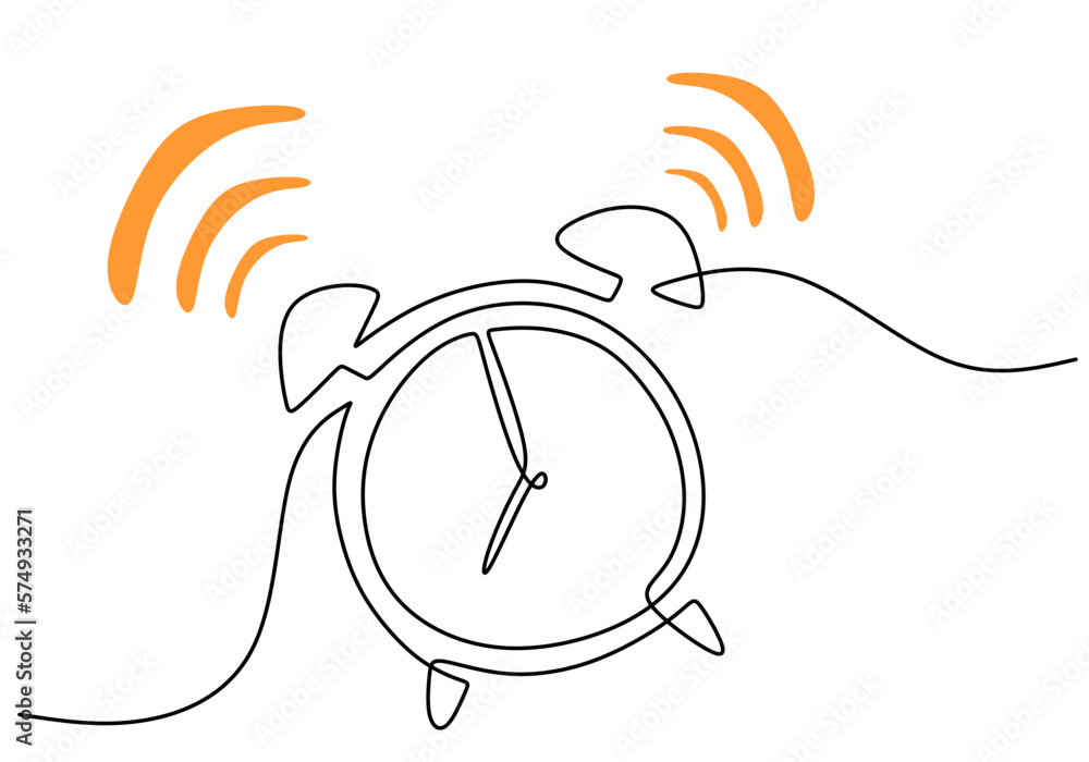 Poster hand drawing one single continuous line of alarm clock isolated on white background.