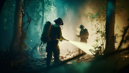 Fototapeta na wymiar firefighters spraying high pressure water to fire in forest, Generative AI