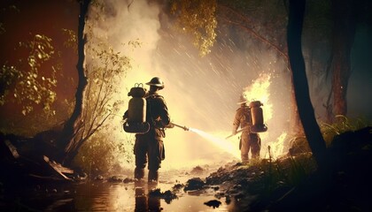 Obraz na płótnie Canvas firefighters spraying high pressure water to fire in forest, Generative AI