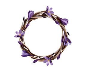 Watercolor hand painted illustration of a spring flower wreath. Purple Crocus round frame Isolated on white background.