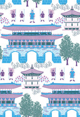Seamless pattern illustration. The daily scenery in front of the royal palace, a historical heritage located in the middle of the Korean city