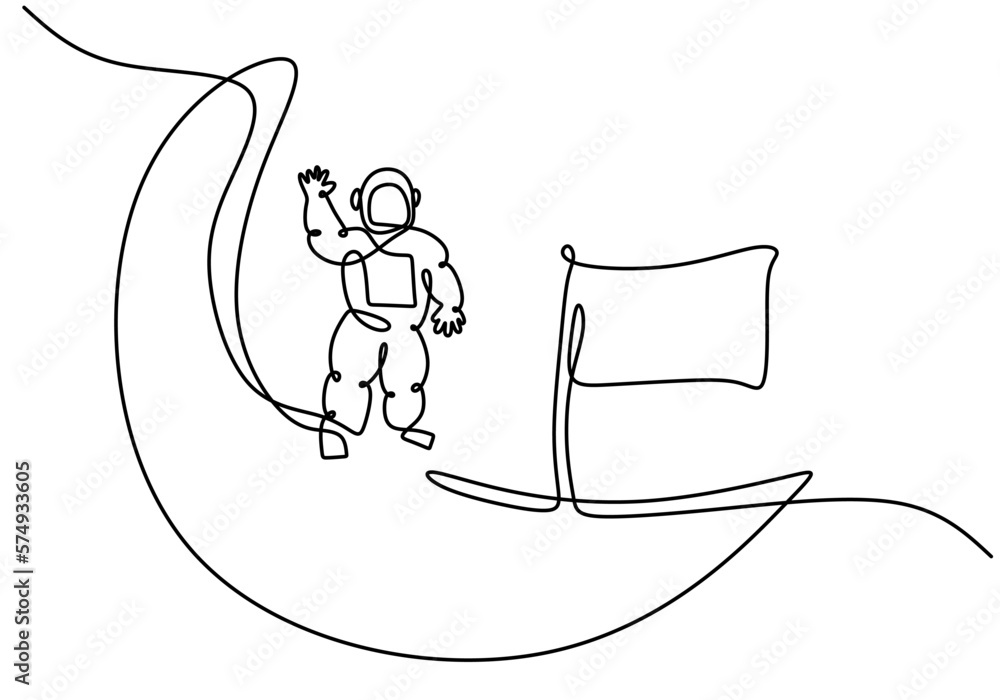 Aufkleber hand drawing one single continuous line of astronaut on moon science theme isolated on white backgro